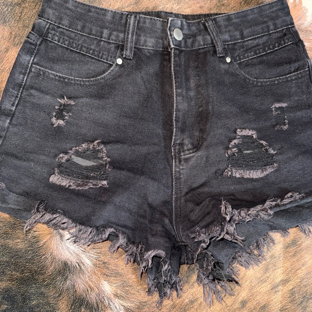 Distressed Black Denim Shorts